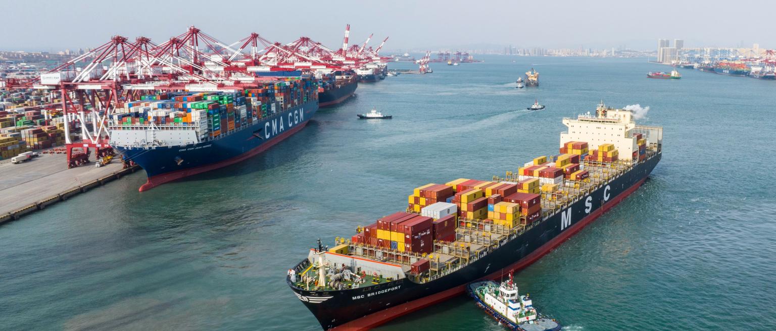 Container ships from international trunk lines such as Europe, Africa, India, Pakistan and Southeast Asia load and unload containers at the container terminal of Qianwan Port Area of Qingdao Port, Shandong province, China, April 4, 2024.
