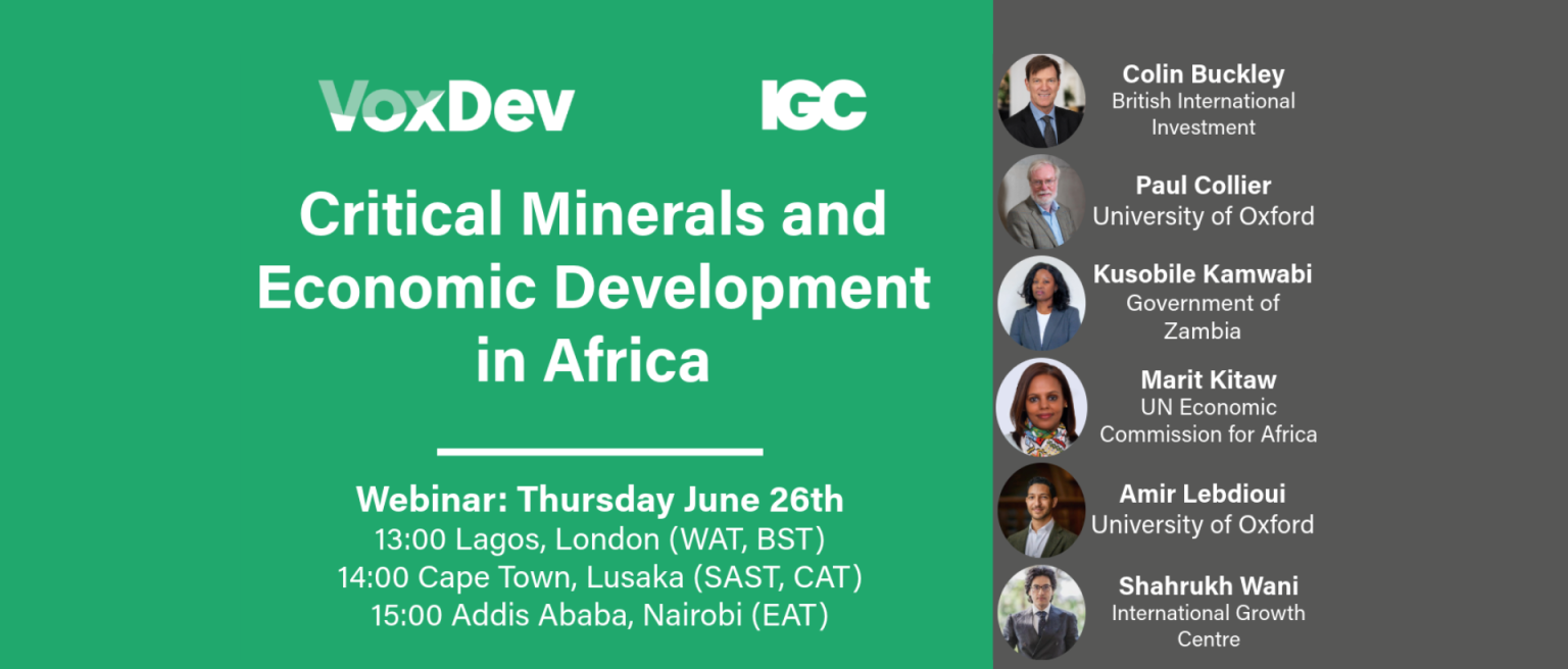 A green and grey background, showcasing the speakers' photos and names, and the title for the critical minerals and economic development in Africa webinar