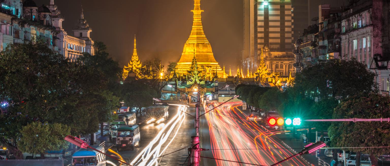 Sule Paya pagoda the center of Yangon, Myanmar. Photo credit: Boy Anupong / Moment via Getty Images.