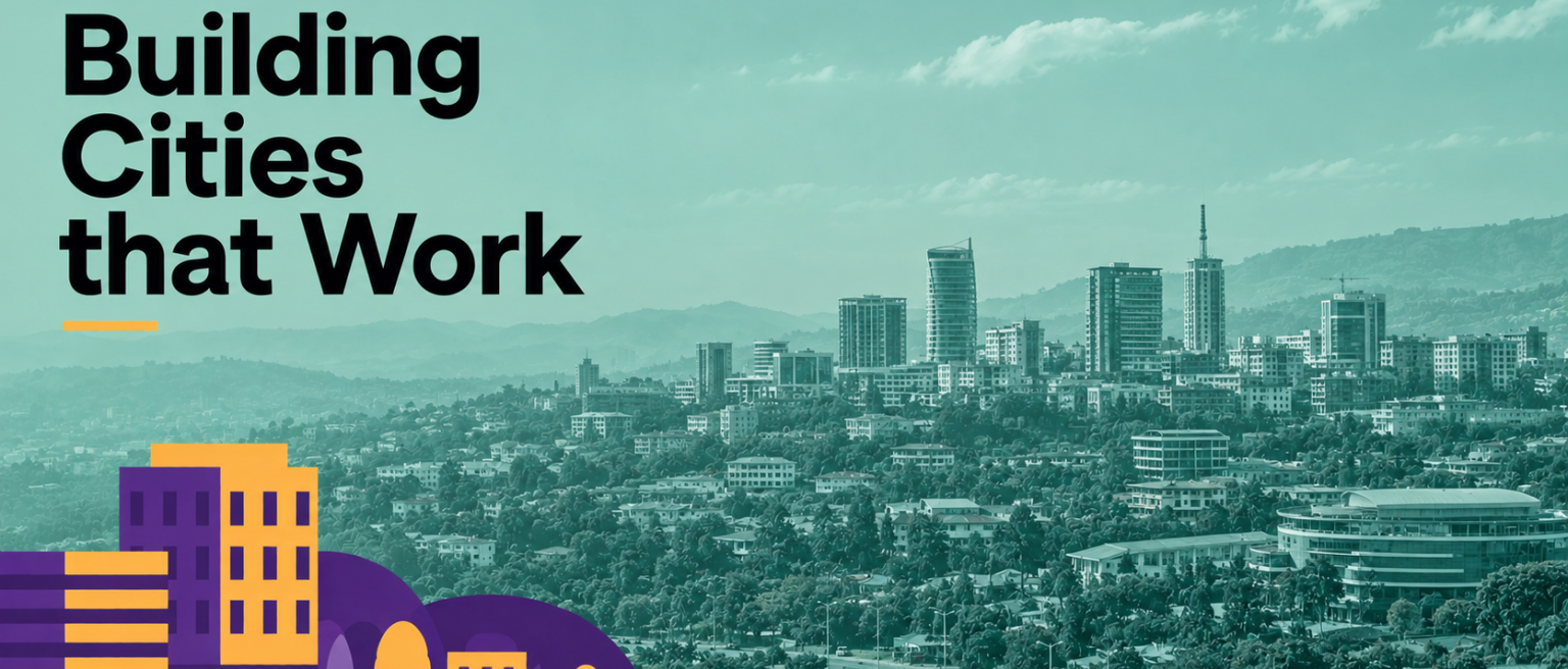 An AI generated event banner featuring a city landscape and the IGC Cities that Work Initiative Logo