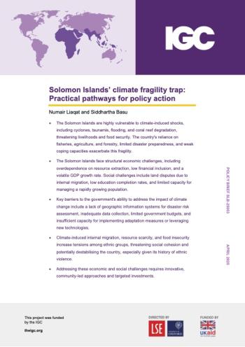 Cover page for report: Solomon Islands&rsquo; climate fragility trap: Practical pathways for policy action 