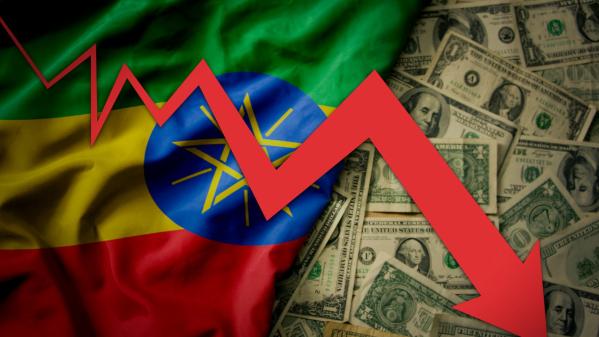 An image of the Ethiopian flag juxtaposed with American cash and a red line trending down to illustrate the impact of the AGOA suspension.