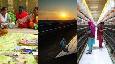 A collage of themes for the BREAD-IGC virtual PhD course with women in India to illustrate social protection, solar panels by sunset to illustrate environmental economics, and two women in Bangladesh in a garment factory to illustrate firms.
