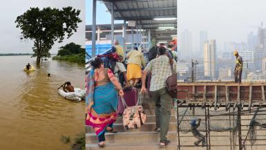Collage showing workers moving from rural areas to cities