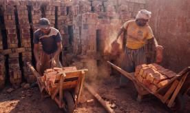 Workers Placing Bricks in Wheelbarrows, Pakistan