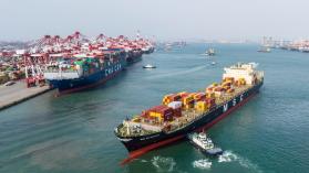 Container ships from international trunk lines such as Europe, Africa, India, Pakistan and Southeast Asia load and unload containers at the container terminal of Qianwan Port Area of Qingdao Port, Shandong province, China, April 4, 2024.