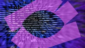 Graphic with computer code and stylistic purple eye to indicate Visions of the Future, the theme for LSE Festival.
