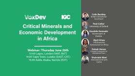 VoxDev and IGC event on Critical Minerals and Economic Development in Africa, featuring Colin Buckley, Paul Collier, Kusobile Kamwabi, Marit Kitaw, Zainab Usman and Shahrukh Wani. Webinar happening on Thursday 26 June at 1:00pm BST