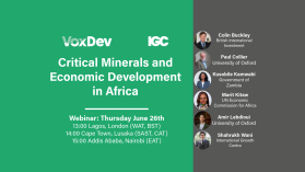 A green and grey background, showcasing the speakers' photos and names, and the title for the critical minerals and economic development in Africa webinar