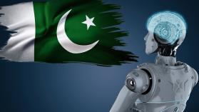 Pakistan flag and robot looking towards it to demonstrate how AI is used in Pakistan. 