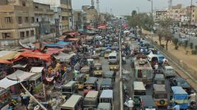 Heavy traffic moving over the shahrah-e-Pakistan, Karachi.