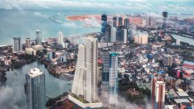Drone photo of the beautiful sunrise view above the clouds in the downtown district and Port City of Colombo city, Sri Lanka. Photo credit: SW Photography / Digital Version via Getty Images.