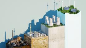 Digital generated image of sustainable growing bar chart made out of cubes and multiple environments showing transforming process from coal industry to green energy. Photo credit: Andriy Onufriyenko / Moment via Getty Images. 