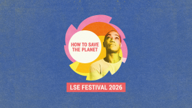 LSE Festival 2026 graphic featuring a person looking upward within colourful circular shapes and the text: &ldquo;How to Save the Planet&rdquo;.
