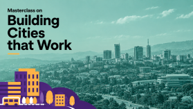 An AI generated event banner featuring a city landscape and the IGC Cities that Work Initiative Logo