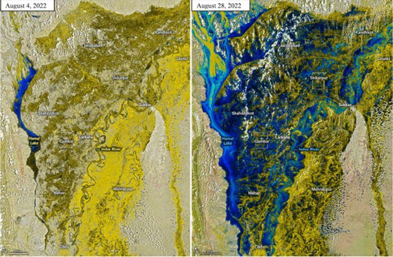 Before and after satellite imagery of the 2022 monsoon floods in Pakistan