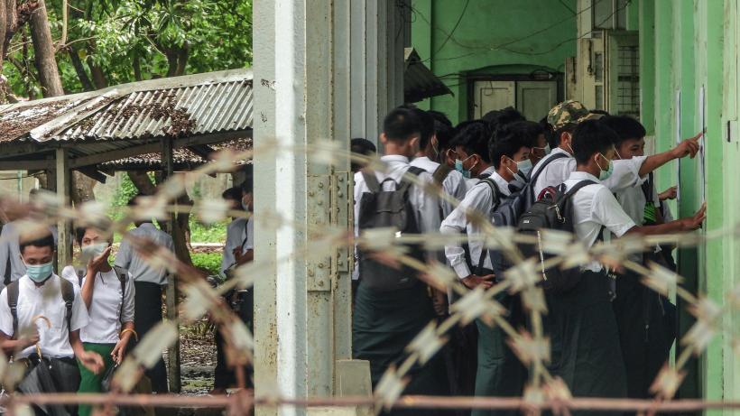 Students waiting outside classrooms in Sitwe, western Rakhine State