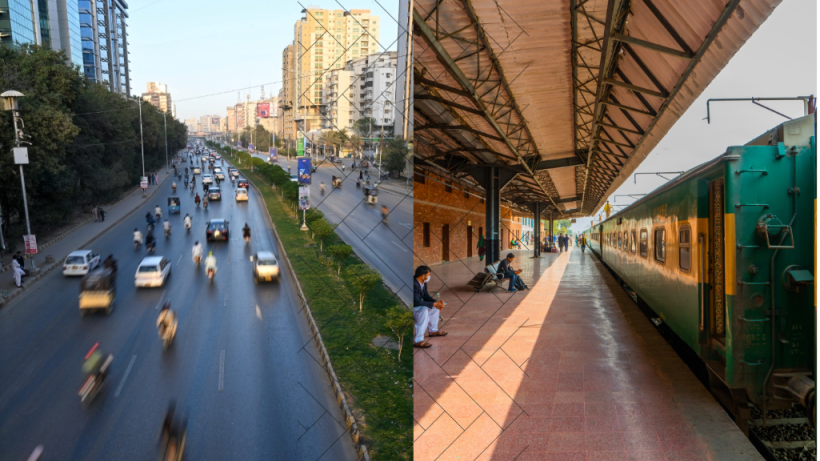 Composite of two images - KARACHI, PAKISTAN -In Karachi, where the traffic is a complete chaos, rickshaws, also called 'Tuk tuk', are among the preferred means of transport for tourists as well as locals  (Photo by Adsiz Gunebakan/Anadolu via Getty Images). Second image sourced via Adobe Express (Pakistan green Railway)