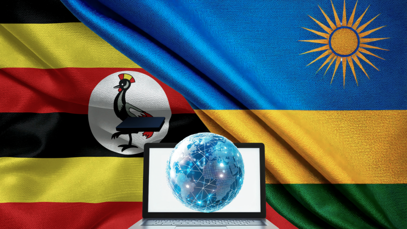 An image of the flags of Rwanda and Uganda laid against each other with a laptop and a globe in the middle to illustrate digital trade.