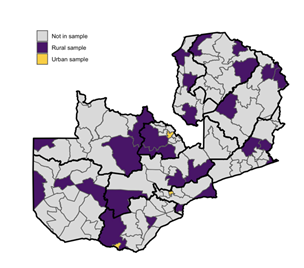 A map showing rural and urban areas surveyed for the pilot survey in Zambia