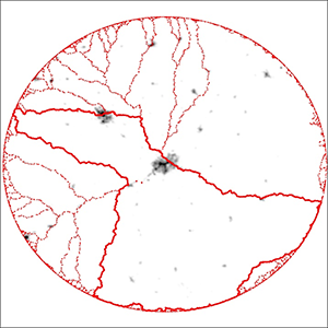 A 75km radius red circle depicting drainage basin boundaries around Cascavel, Brazil, and the boundary of the central basin.