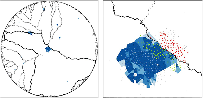 Left panel depicting a circle of the same region as Figure 1, and an image on a right with dark blue shading indicates areas of sewer access with dots for neighbourhoods.