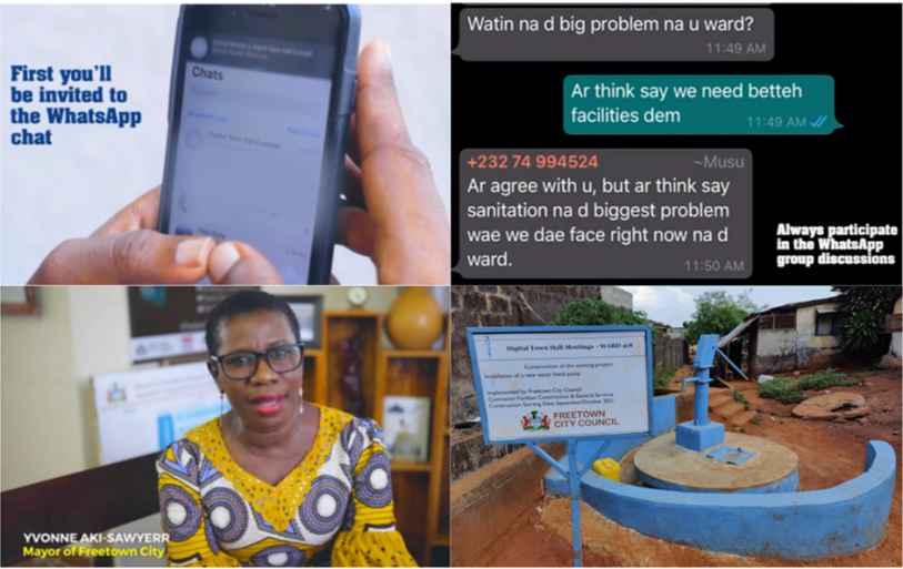 A quadrant of images showing snapshots of citizen participation through digital townhalls, the first top left image shows a mobile phone, the second and top right image shows an exchange of messages with neighbours on development, the third and fourth images show citizens communicating challenges to politicians and voting for changes to be implemented in their neighbourhoods.