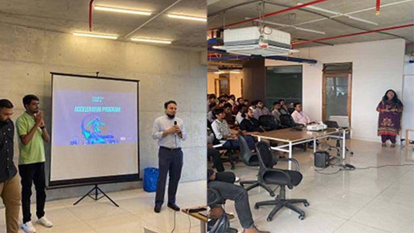 Two photos side by side, left: showing presenters standing next to slides in a room, and right: a shot of the audience in a startup accelerator programme in Dhaka, Bangladesh.
