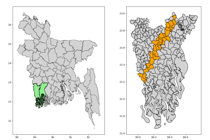 A map showing locations of surveyed unions in Bangladesh with orange showing sampled unions, and surveys shown in green. 