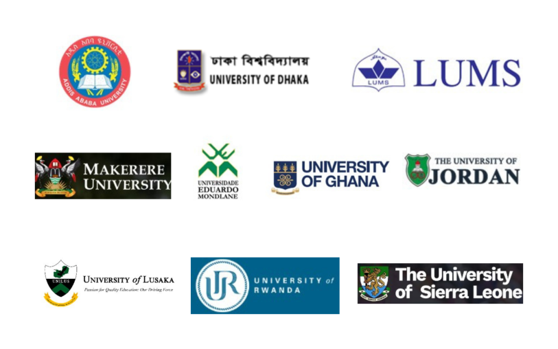 University partner logos including Addis Ababa University, Dhaka University, Lahore University of Management Sciences, Makerere University, University of Eduardo Mondlane, University of Ghana, University of Jordan, University of Lusaka, University of Rwanda and the University of Sierra Leone