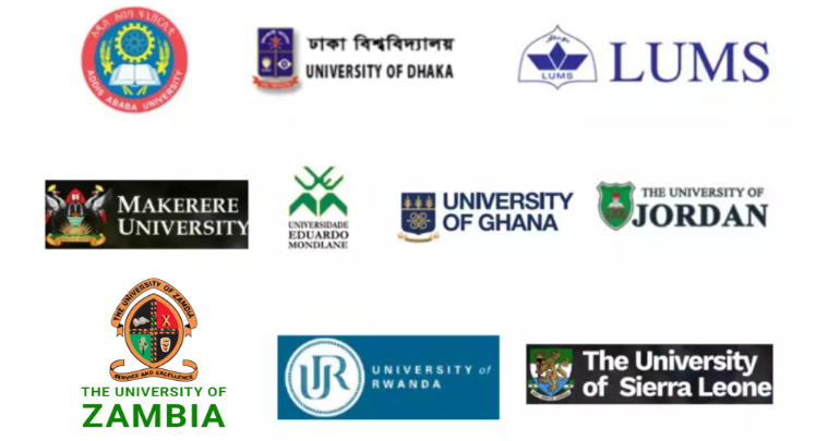 University partner logos including Addis Ababa University, Dhaka University, Lahore University of Management Sciences, Makerere University, University of Eduardo Mondlane, University of Ghana, University of Jordan, University of Lusaka, University of Rwanda and the University of Sierra Leone