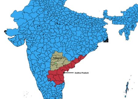 Location of Telangana and Andhra Pradesh in India